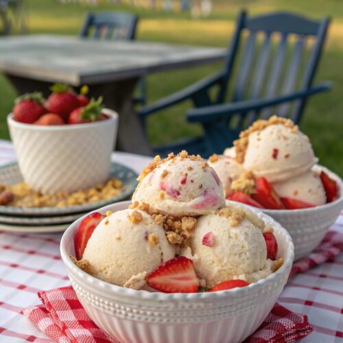 Strawberry Shortcake Ice Cream Recipe That Tastes Like Summer 2 Scoops of strawberry shortcake ice cream with strawberry and crumble topping