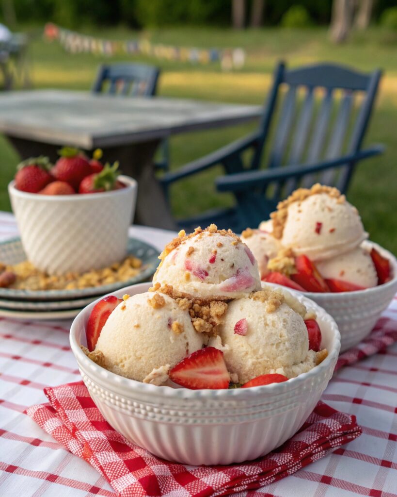 Strawberry Shortcake Ice Cream Recipe That Tastes Like Summer 6 Scoops of strawberry shortcake ice cream with strawberry and crumble topping