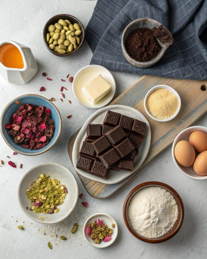 Ingredients for Dubai chocolate cake including pistachios and dark chocolate