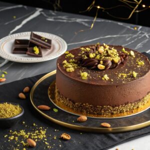 Dubai chocolate cake with gold and pistachio