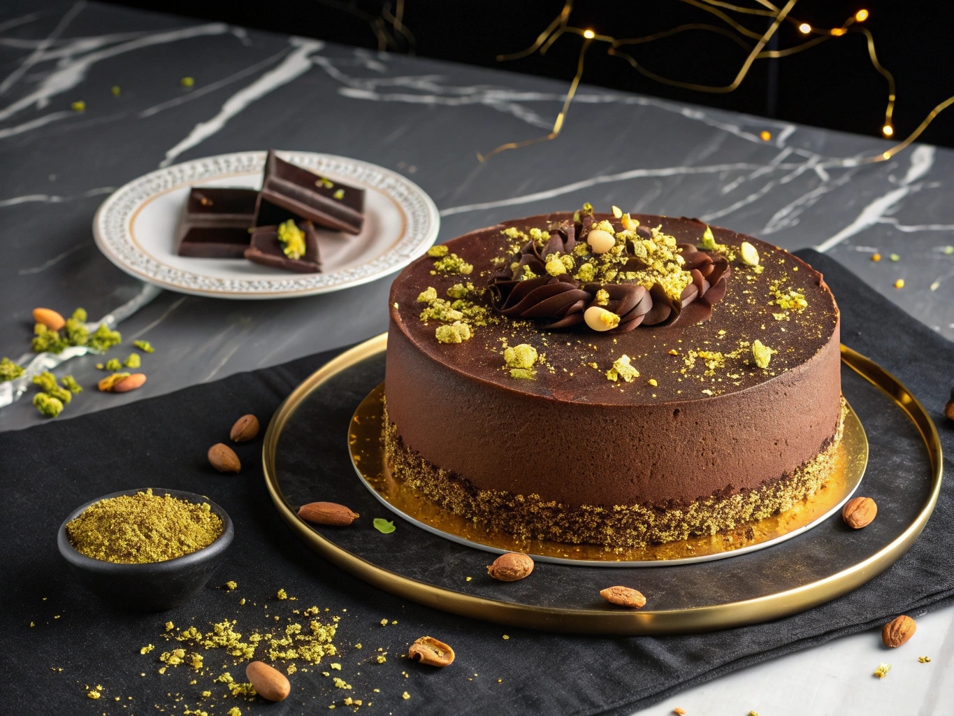 Dubai chocolate cake with gold and pistachio