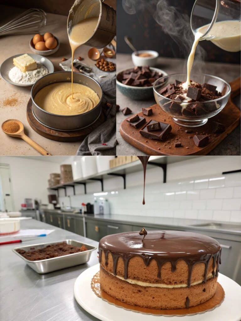 pouring batter for chocolate ganache cake
