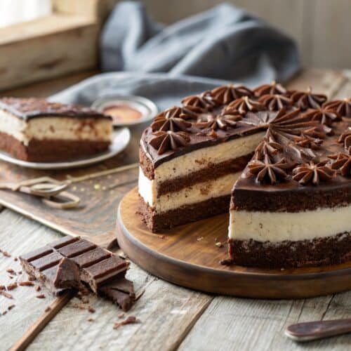 Chocolate tiramisu cake slice with cream and ganache