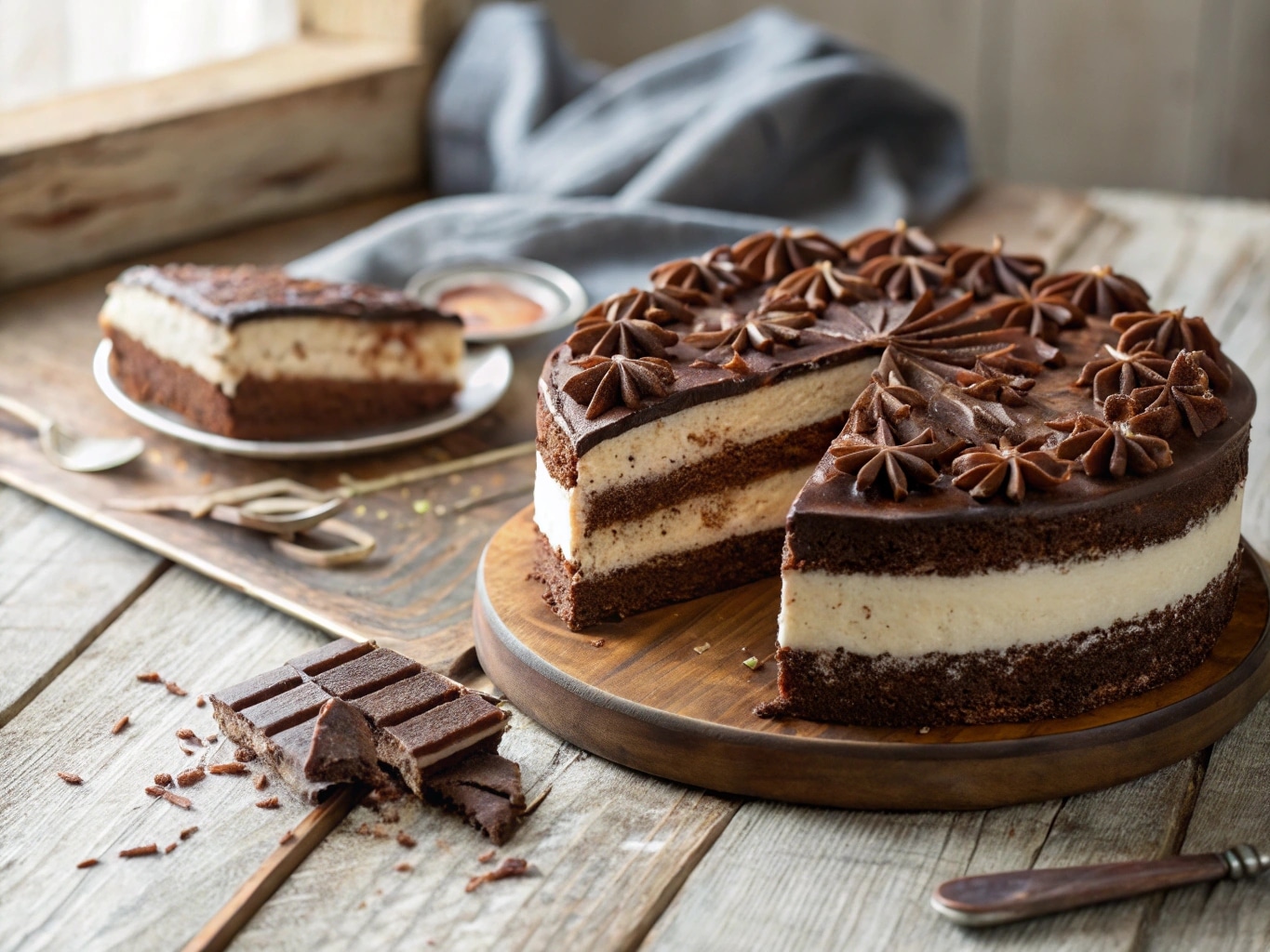 Chocolate tiramisu cake slice with cream and ganache