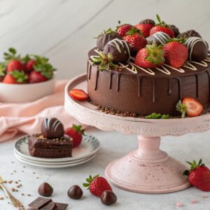 chocolate strawberry cake with chocolate covered strawberries