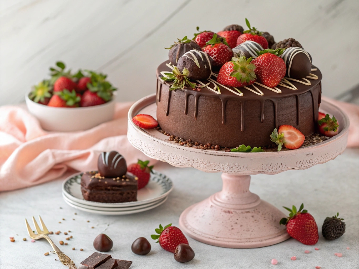 chocolate strawberry cake with chocolate covered strawberries