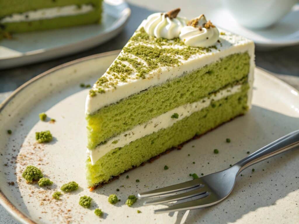 Matcha cake slice topped with white frosting and green tea dust