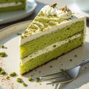 Matcha cake slice topped with white frosting and green tea dust