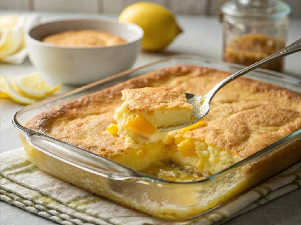Lemon cream cheese dump cake served warm from the oven