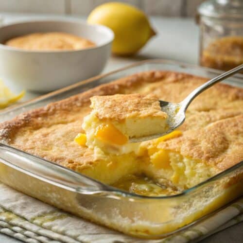 Lemon cream cheese dump cake served warm from the oven