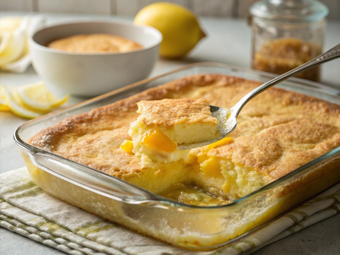 Lemon cream cheese dump cake served warm from the oven