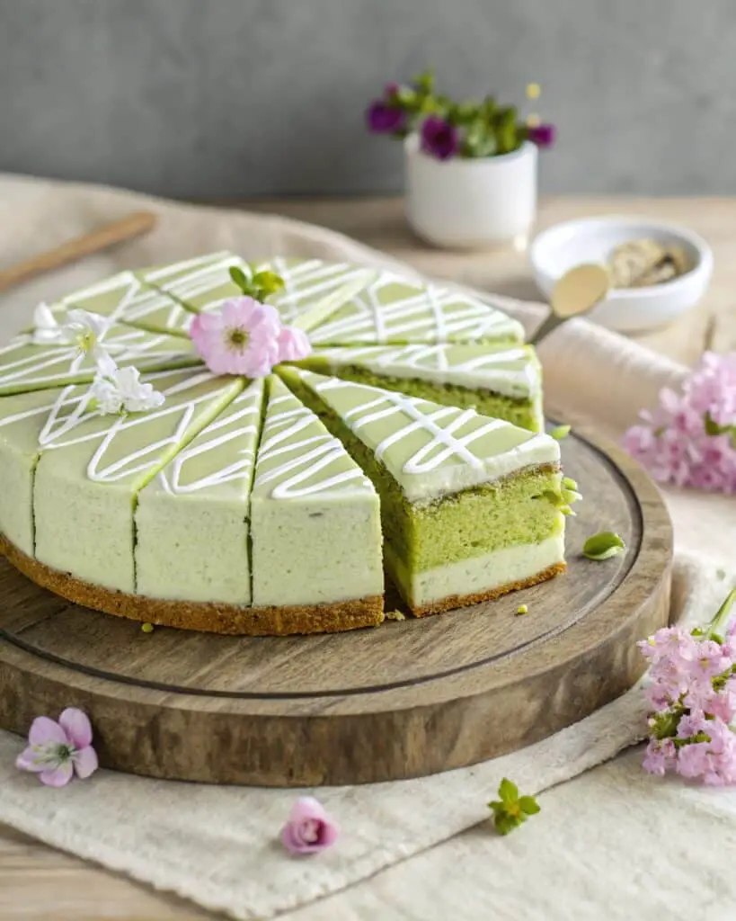 matcha cake with white chocolate drizzle