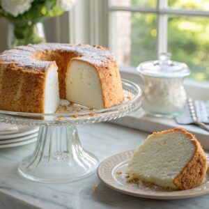 Angel Food Cake: The Light, Airy Dessert Everyone Loves 7 classic angel food cake sliced on glass stand