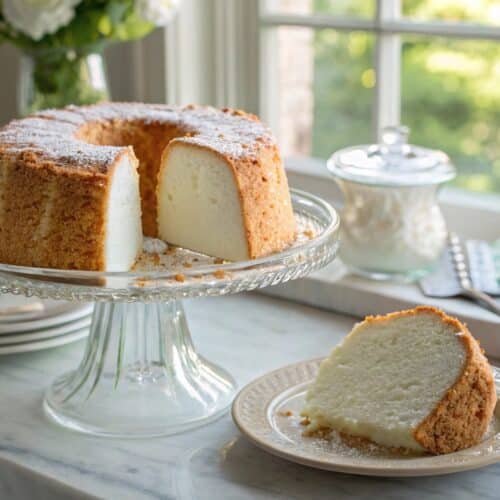 classic angel food cake sliced on glass stand