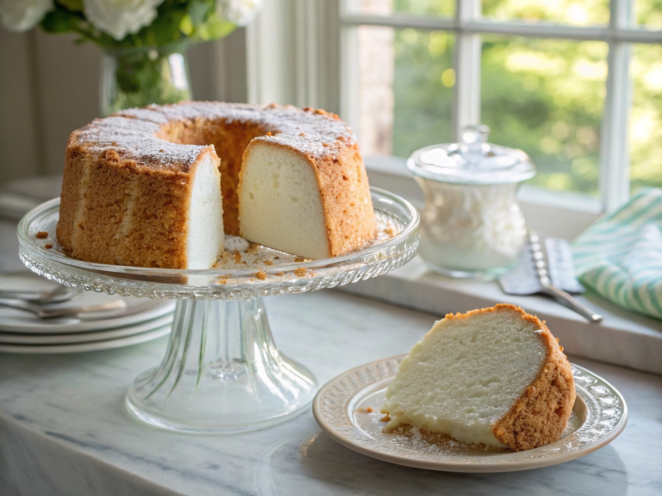 classic angel food cake sliced on glass stand