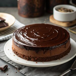 chocolate ganache cake on rustic background