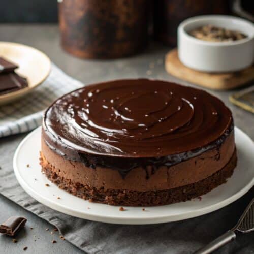 chocolate ganache cake on rustic background