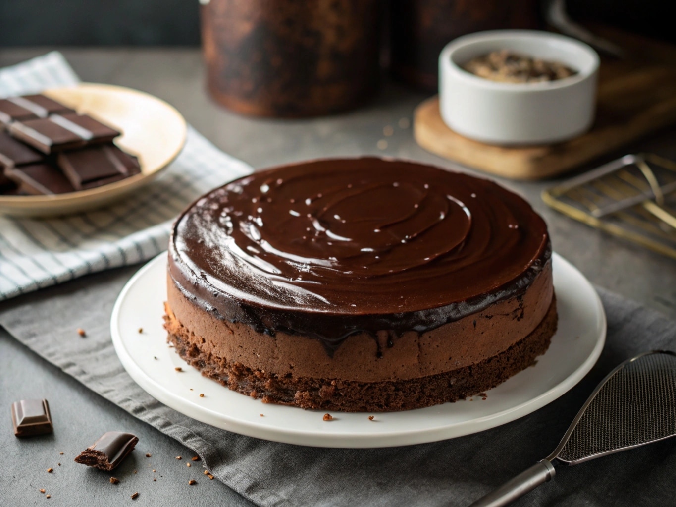chocolate ganache cake on rustic background