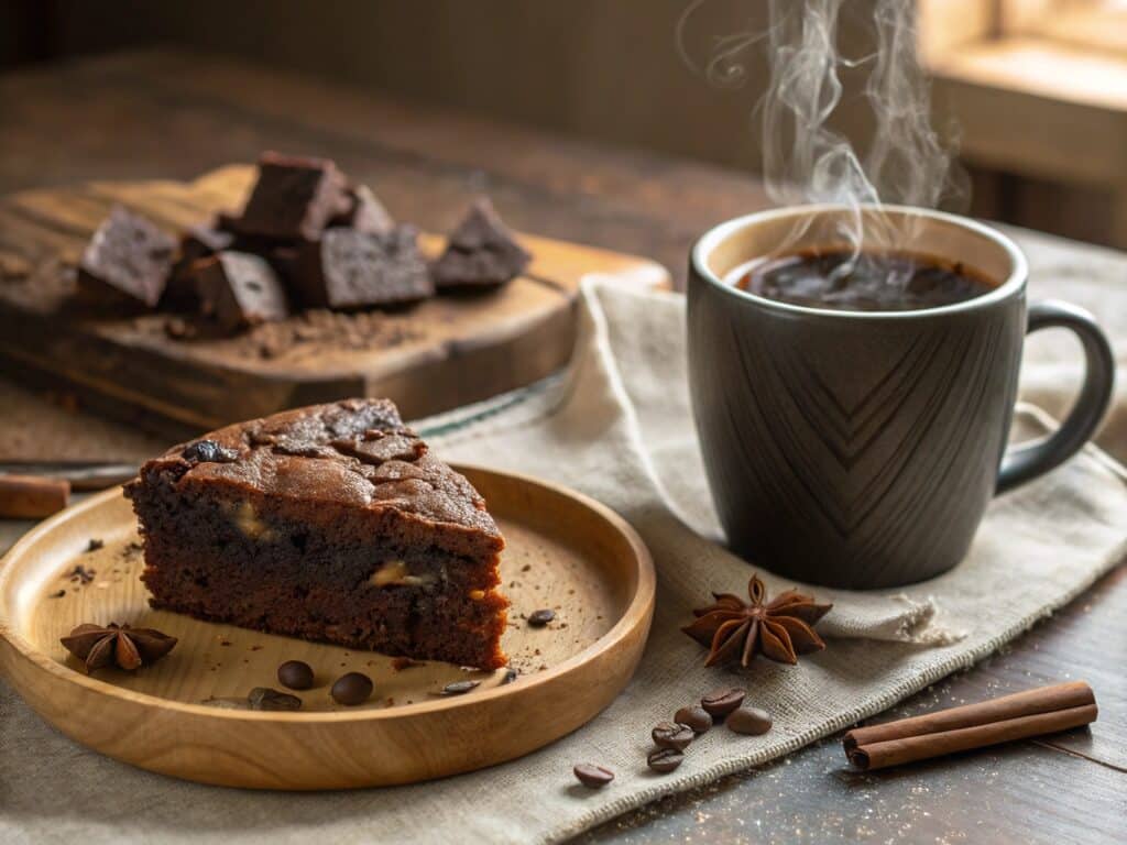 Chocolate coffee cake with coffee on wooden plate