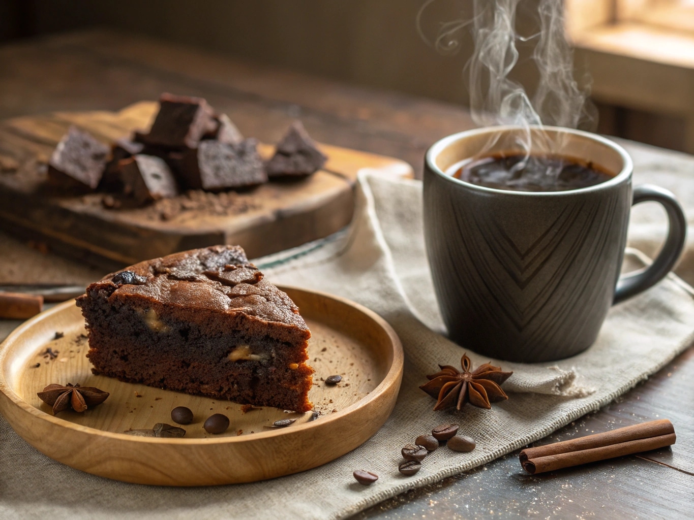 Chocolate coffee cake with coffee on wooden plate