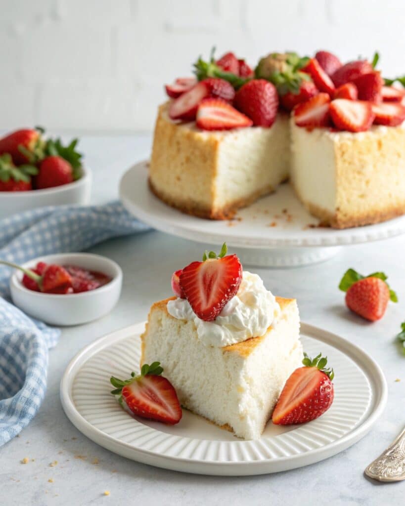 angel food cake with strawberries and whipped cream