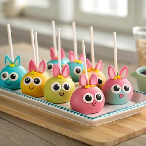 Labubu cake pops on a tray with colorful decorations