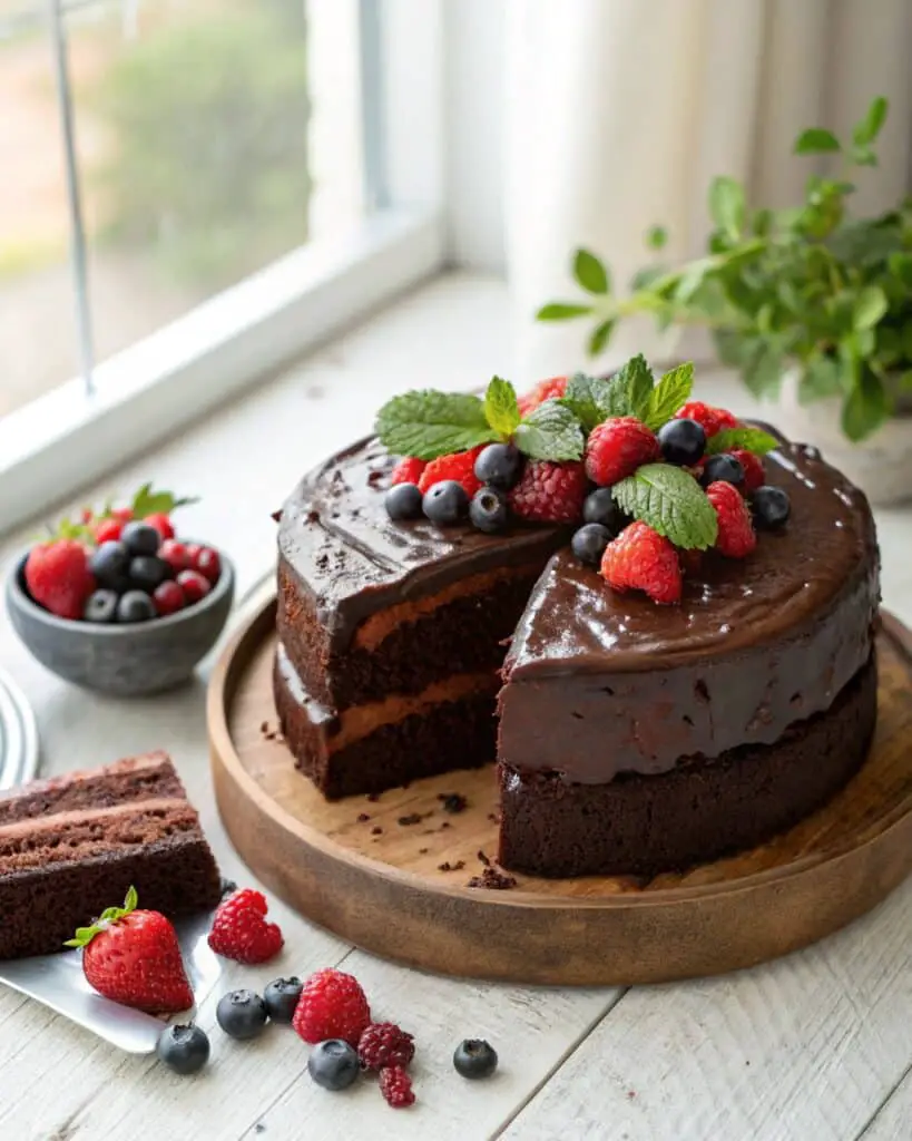 vegan chocolate cake with ganache and berries