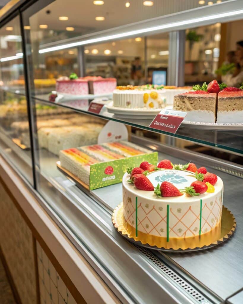 Store-bought Labubu ice cream cake on bakery shelf