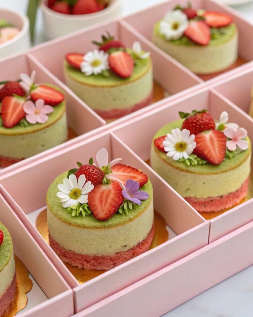 Mini strawberry matcha bento cakes in pastel pink boxes