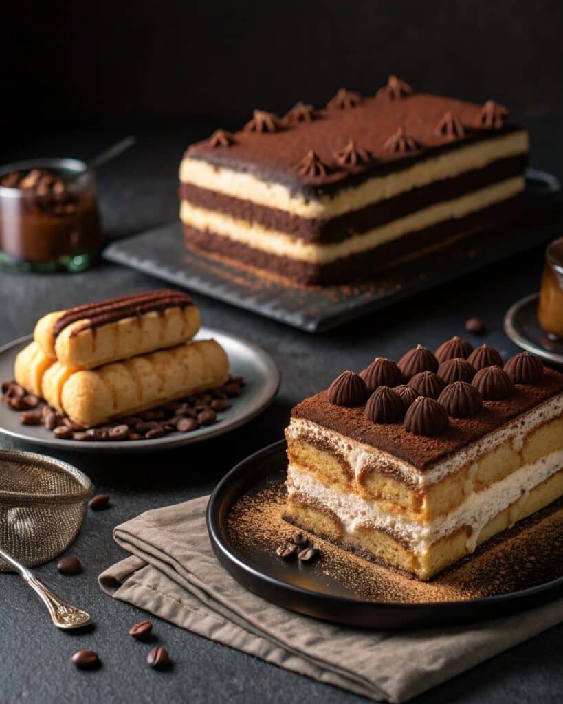 Chocolate tiramisu cake next to classic tiramisu