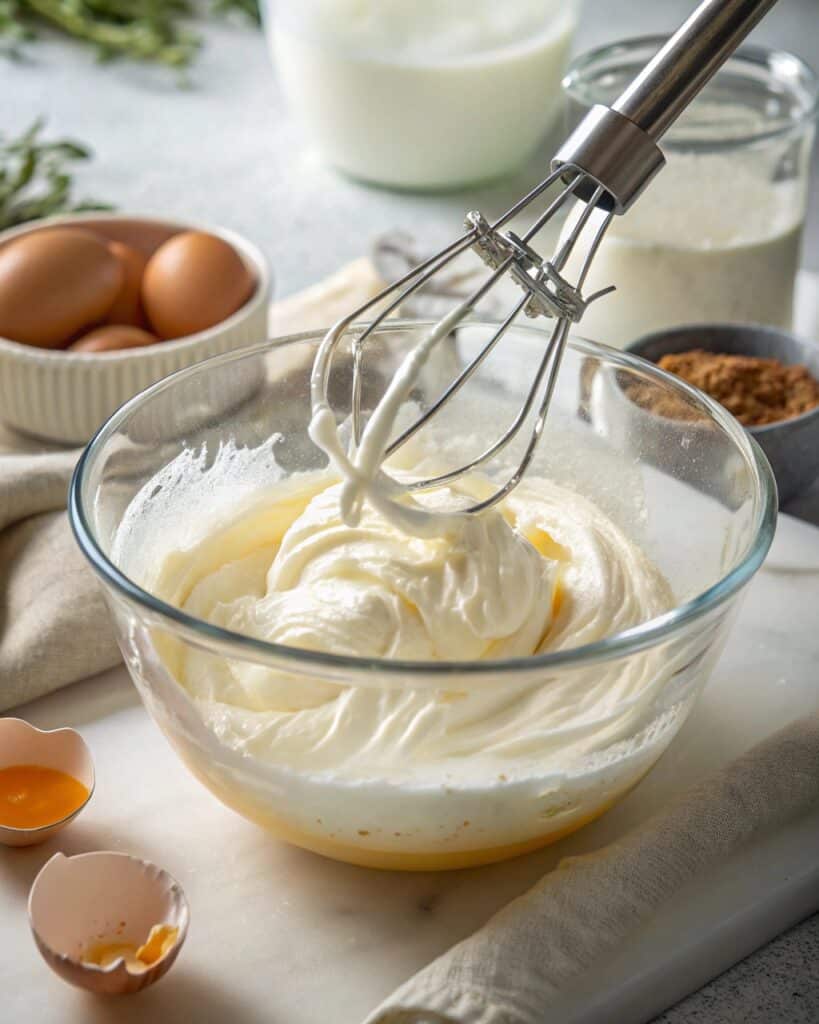 stiff egg whites in mixing bowl for angel food cake