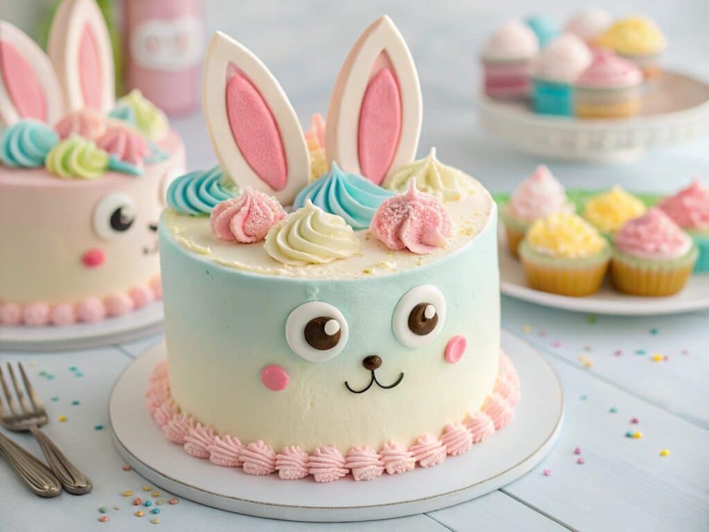 Labubu ice cream cake with fondant ears and pastel decorations