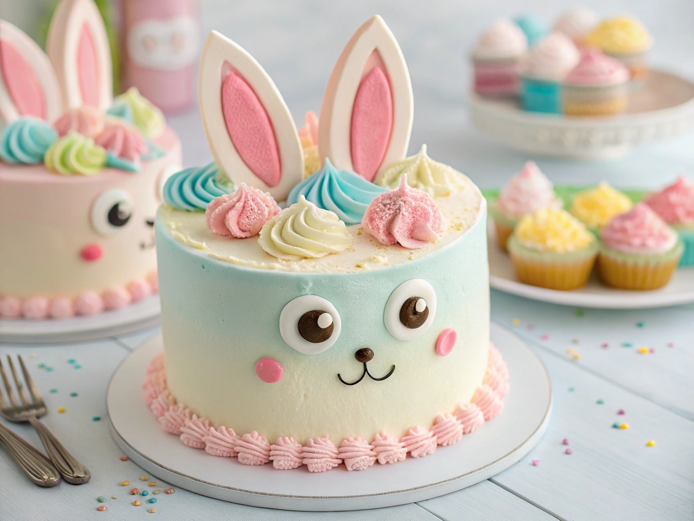 Labubu ice cream cake with fondant ears and pastel decorations
