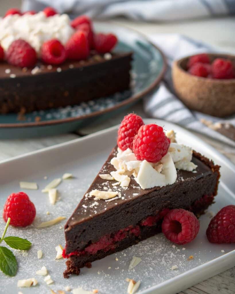 vegan black cocoa cake slice with raspberry topping