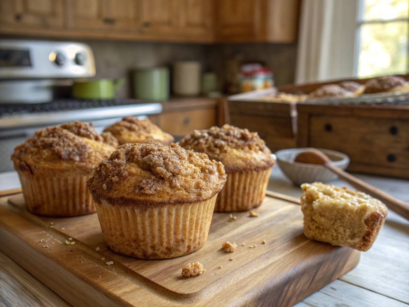 Freshly baked coffee cake muffins with crumb topping