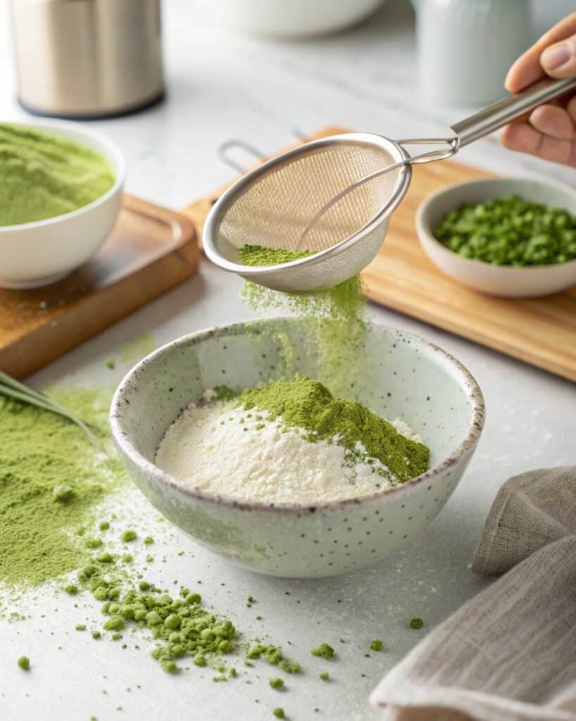 Matcha powder being added to cake flour for strawberry matcha cake