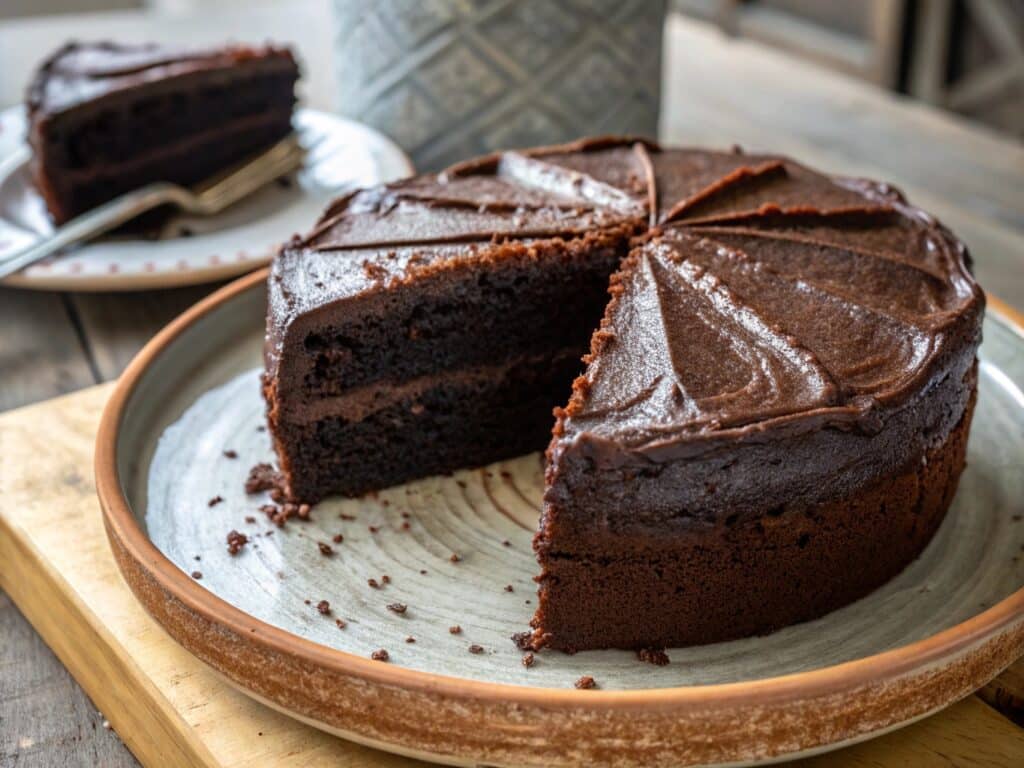 sliced black cocoa cake with glossy black cocoa buttercream