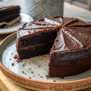 sliced black cocoa cake with glossy black cocoa buttercream