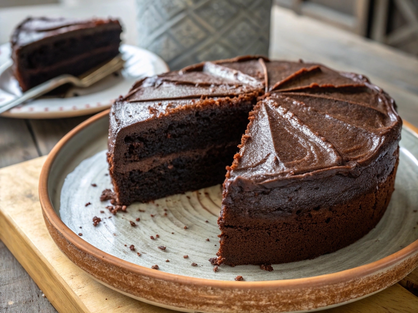 sliced black cocoa cake with glossy black cocoa buttercream