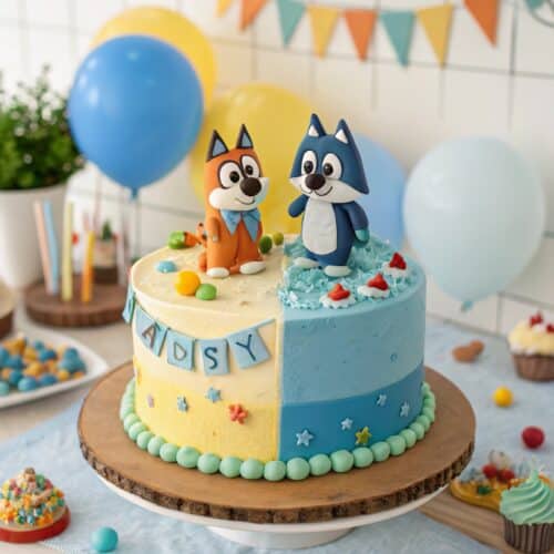 Split design Bluey and Bingo cake with cartoon decorations