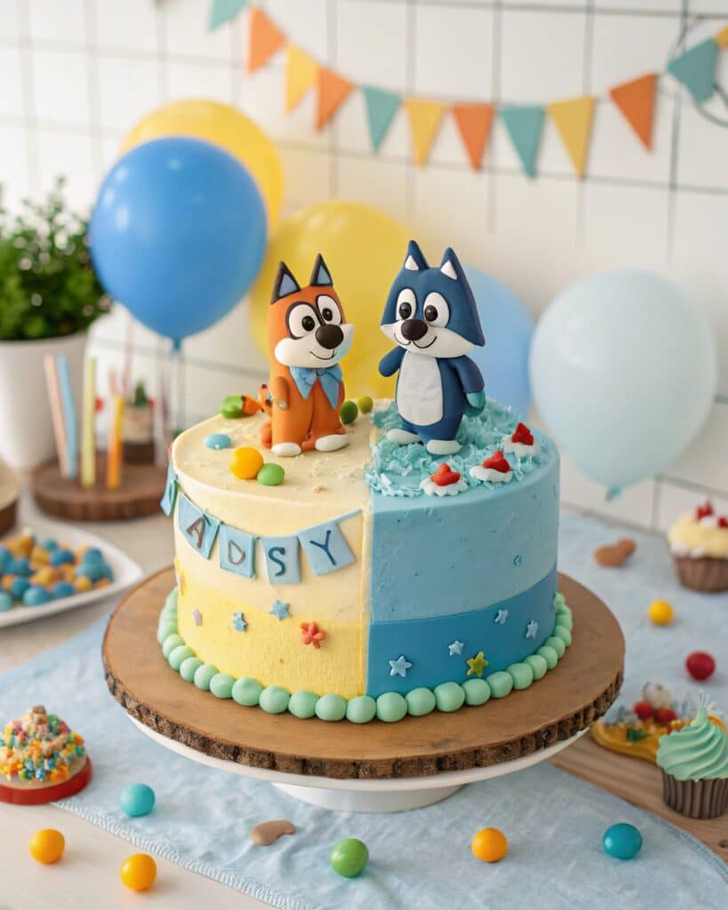 Split design Bluey and Bingo cake with cartoon decorations