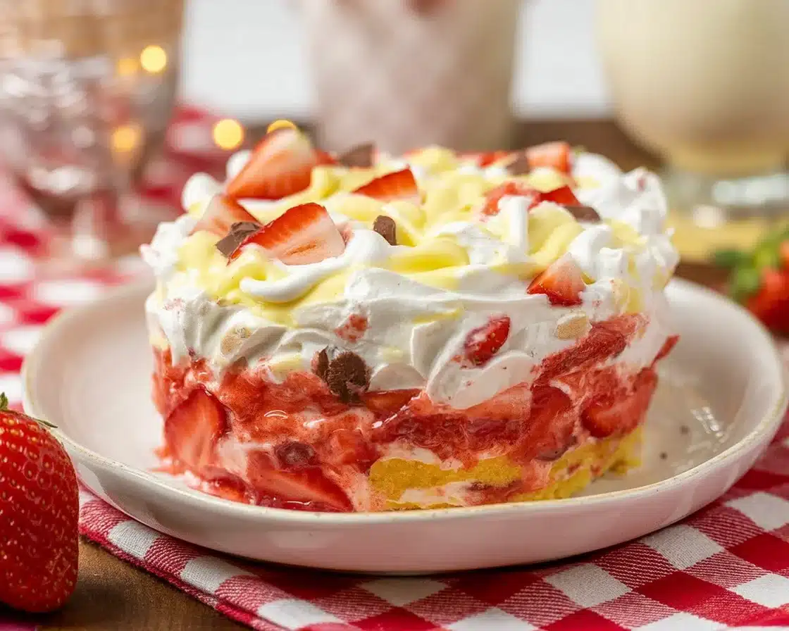 Delicious Strawberry Earthquake Cake with strawberries and cream cheese swirls