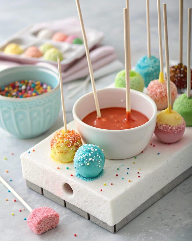 Dipping cake pops in candy melts