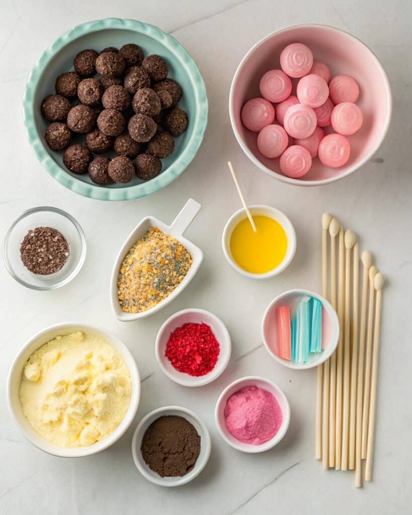 Ingredients laid out for making Labubu cake pops