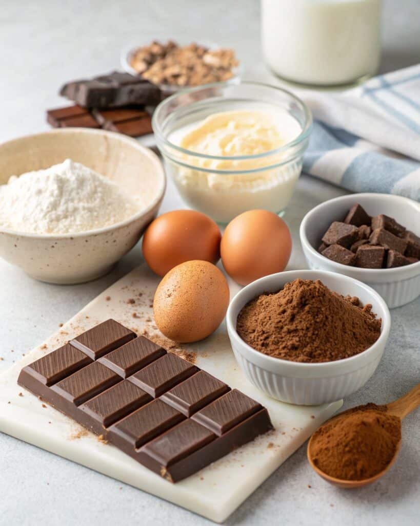 chocolate mousse cake ingredients flat lay