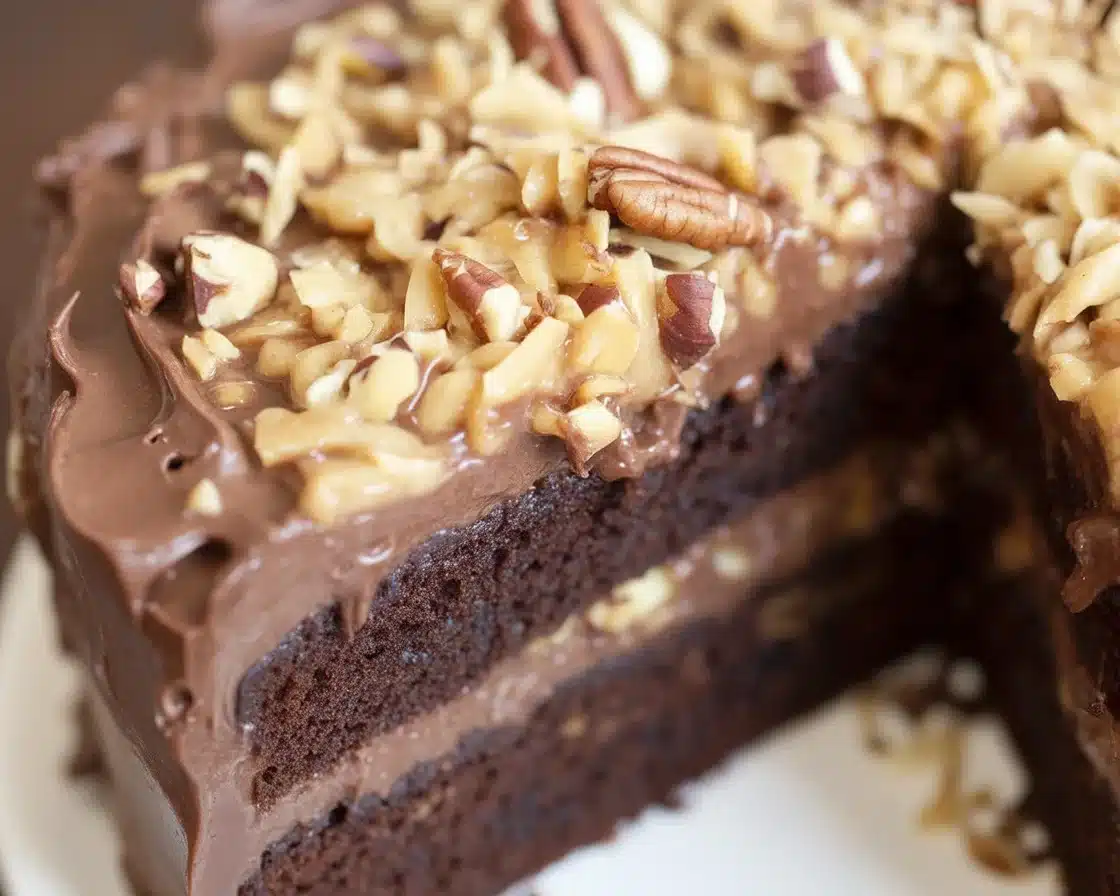 Delicious homemade German Chocolate Cake with coconut pecan frosting and chocolate layers.