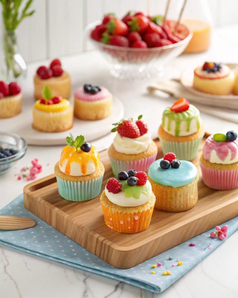 assorted mini angel food cakes with glaze and fruit