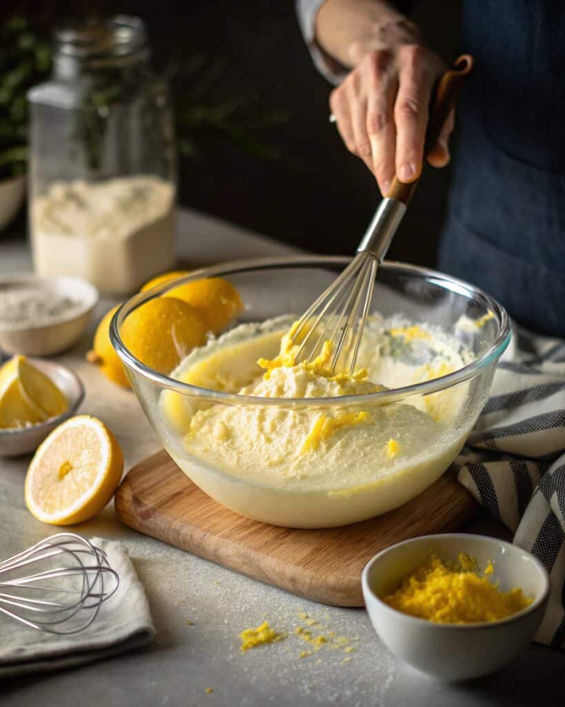 Mixing ingredients for lemon pound cake recipe