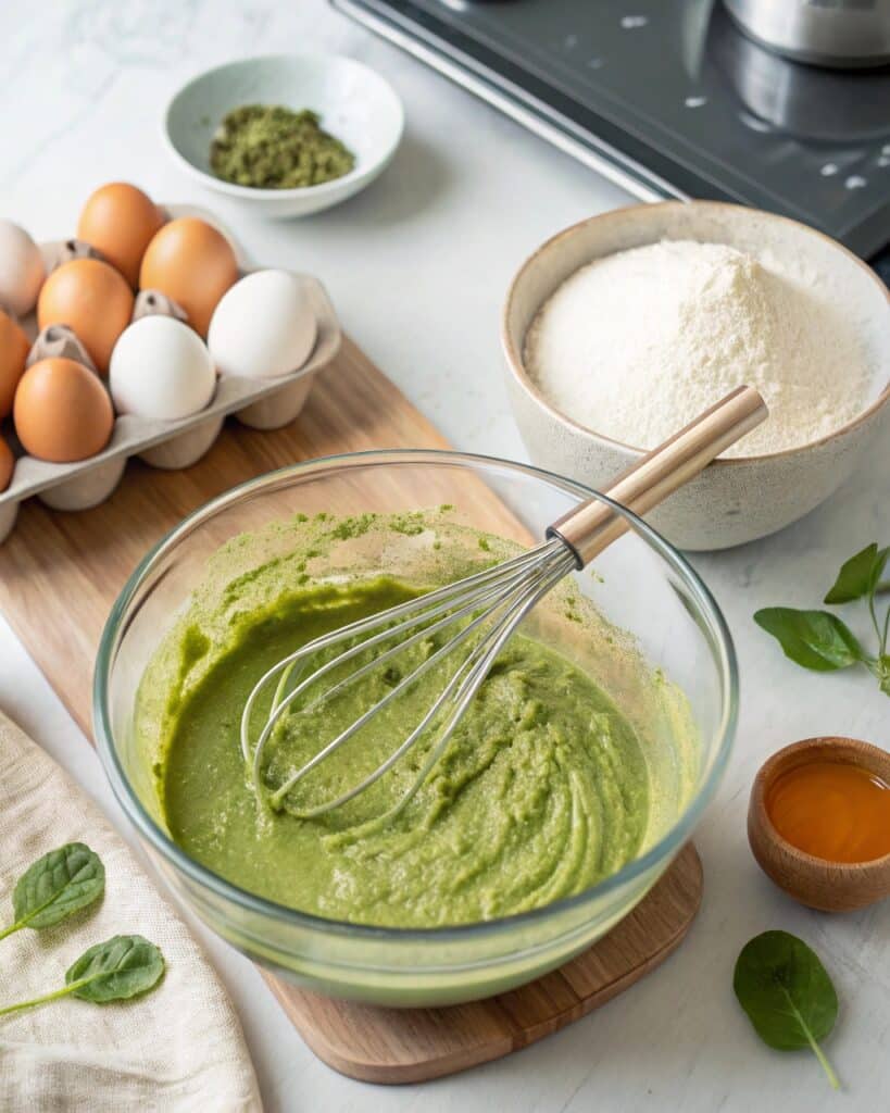 Mixing matcha cake batter with whisk and ingredients