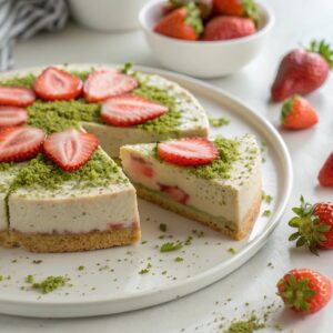 Strawberry Matcha Cake on a plate with fresh berries and matcha